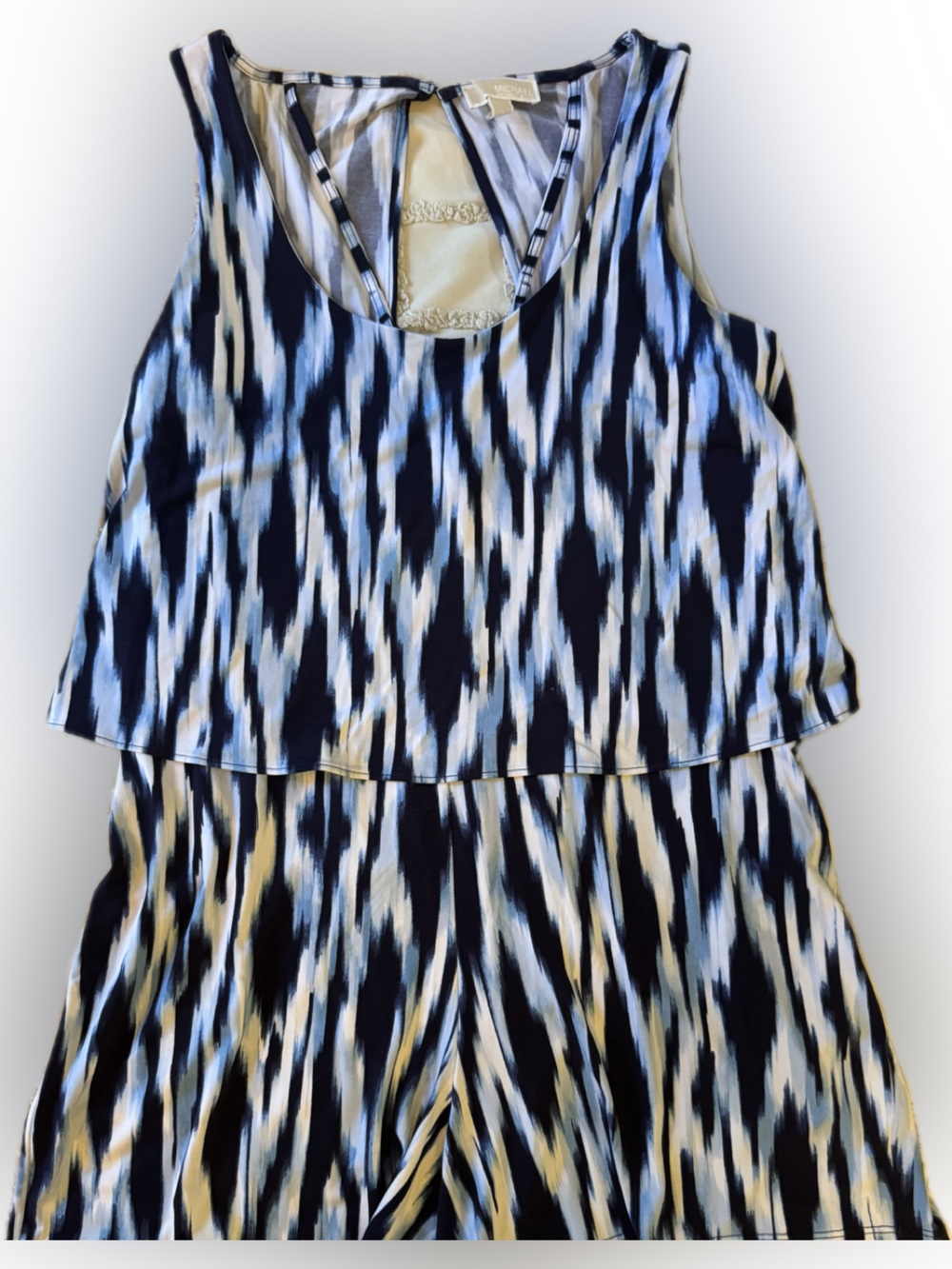 Sleeveless stretchy romper in Navy and Light Blue Ikat Print